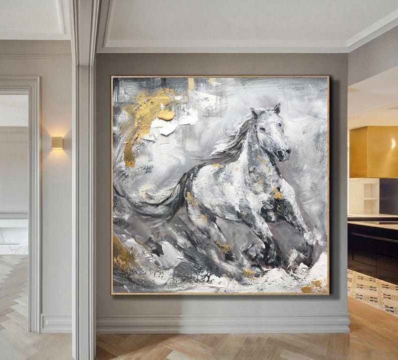 original horse artwork,running horse painting on canvas,extra large abstract art,gray gold painting,animal wall art,large canvas wall art