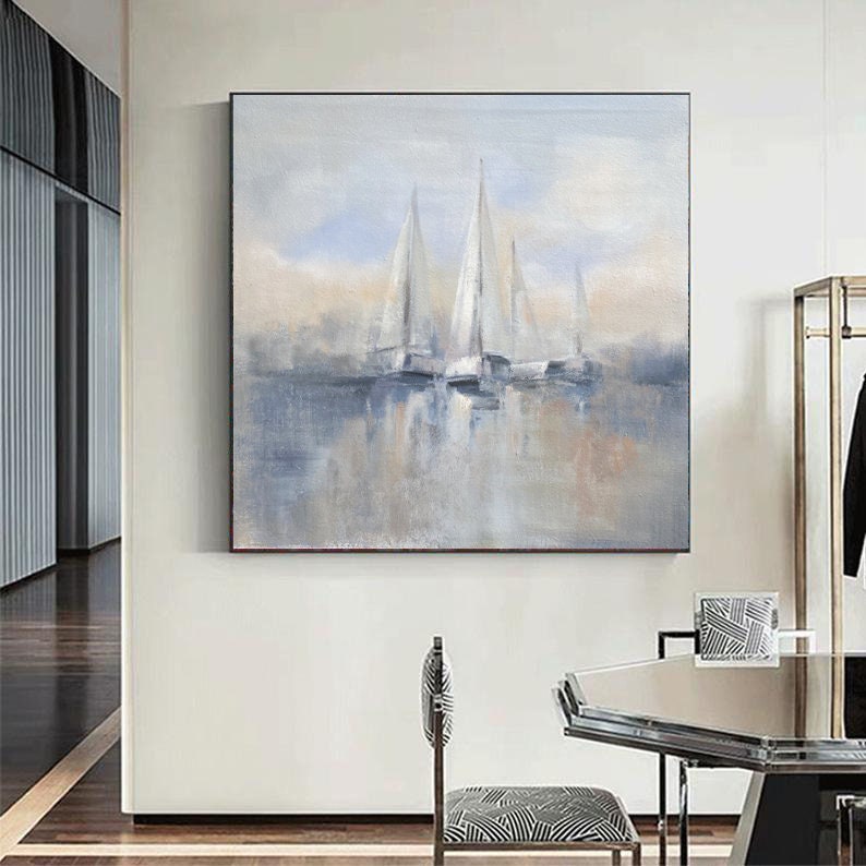 Large sailboat party oil painting, Original Sailboats gather in the harbor landscape to paint Artwork, Nautical oil painting art on Canvas