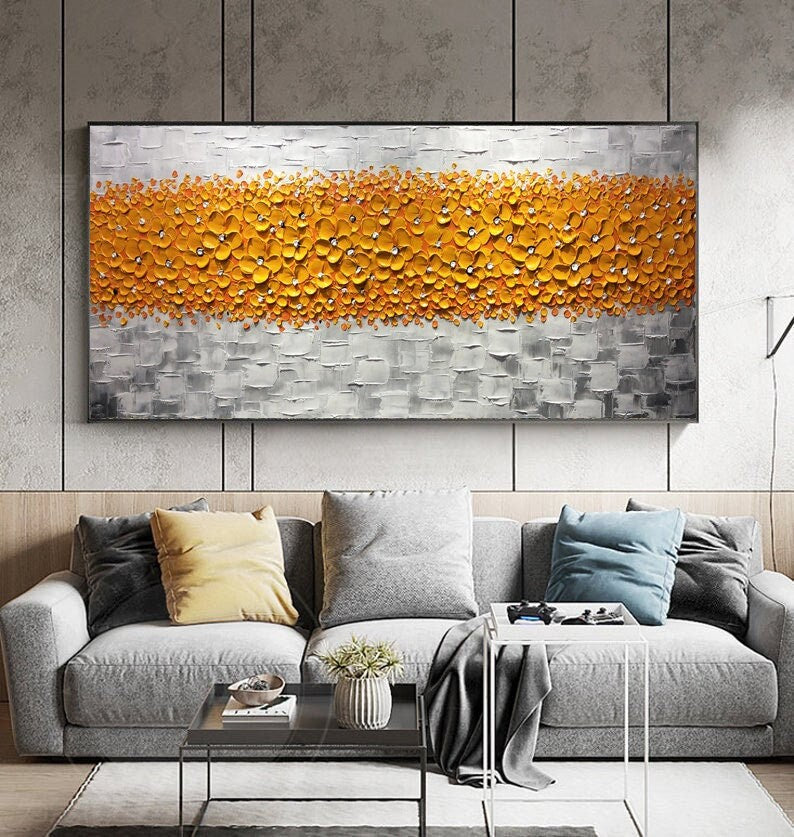 Yellow Flower Art,Palette Knife Painting,Large Original Oil Painting,Abstract Wall Art Hand Paint,,Heavy Textured Painting,Living Room Art