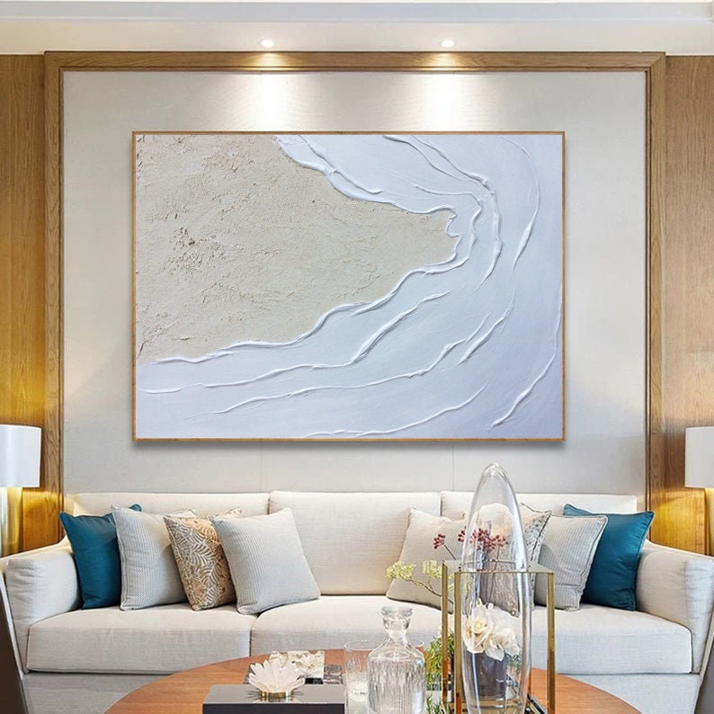 Seawaves Wall Art,Sand Beach Painting,Large White 3D Textured Paintings, Abstract White Painting, Minimalist Abstract Wall Art for Home