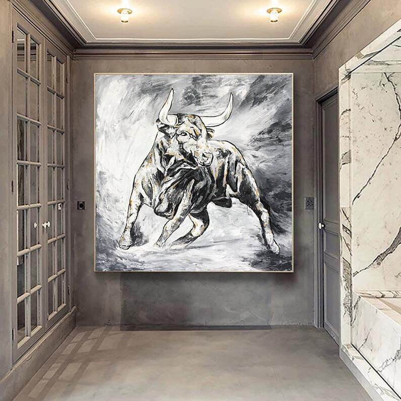 extra large bull wall art, textured abstract painting on canvas,original OX artwork, large canvas wall art, bull painting on canvas,art deco