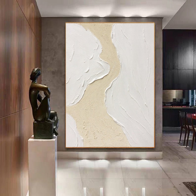 Seawaves Beach Art,Extra Large Wall Art,Large White 3D Textured Paintings,Abstract White Painting, Minimalist Abstract Wall Art for Home