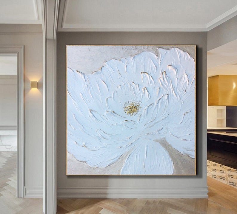 Large Floral White Painting,White 3D Textured Paintings, White Acrylic Painting, Modern abstract painting for Living Room, Minimalist Art