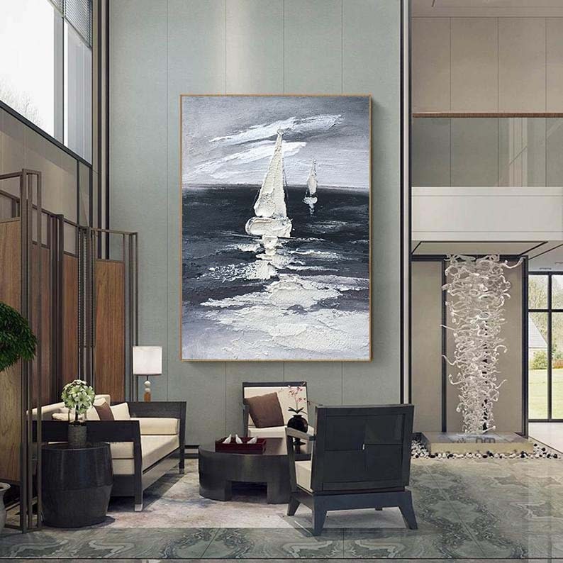 Seascape Painting, Large Black 3D Textured Paintings,Abstract boat Painting, White Acrylic Paintings,Minimalist Abstract Wall Art for Home
