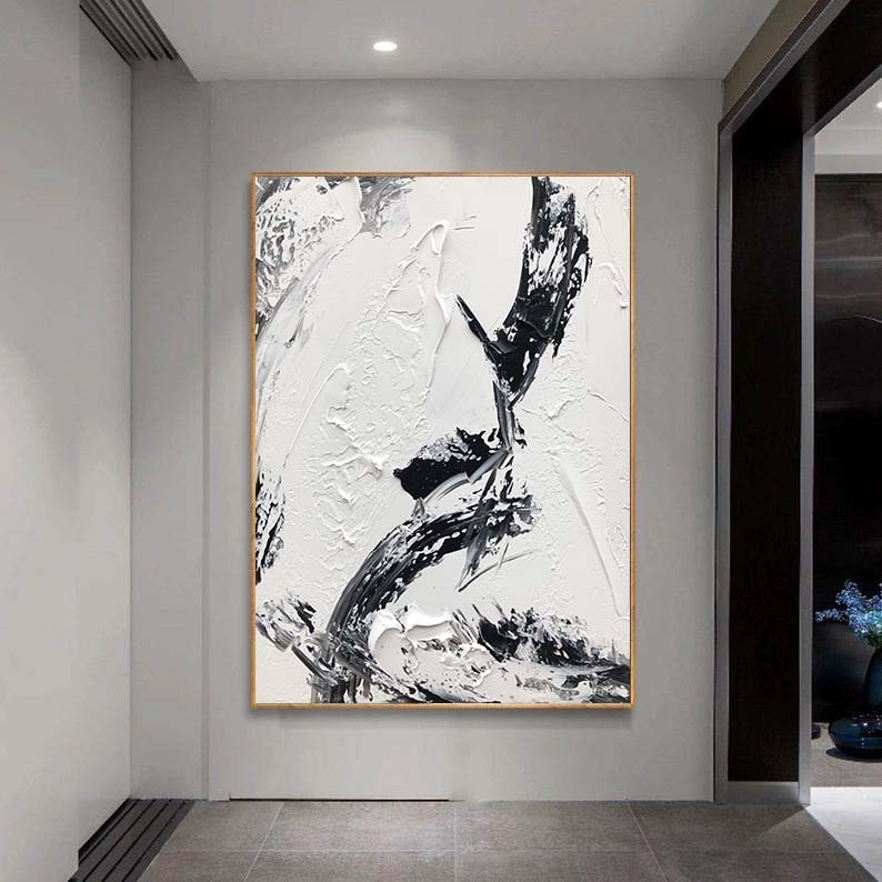 Black And White Textured Painting, Geometry Wall Art,Minimalist Abstract Painting,Living Room Wall Decor Black Abstract Art White Canvas Art