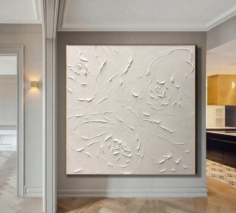Large Floral Abstract White Painting, White Flowers Paintings, Square 3D Textured Painting, Modern painting for Living Room, Minimalist Art
