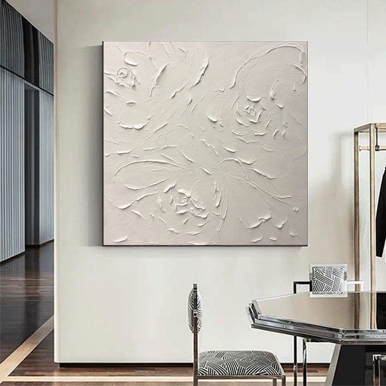 Large Floral Abstract White Painting, White Flowers Paintings, Square 3D Textured Painting, Modern painting for Living Room, Minimalist Art