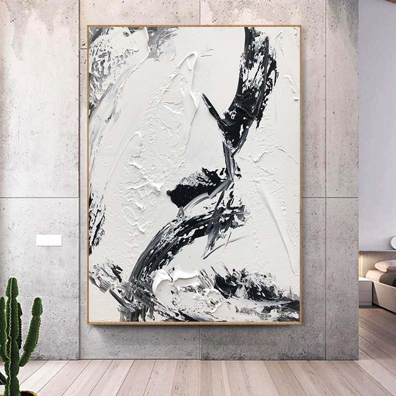 Black And White Textured Painting, Geometry Wall Art,Minimalist Abstract Painting,Living Room Wall Decor Black Abstract Art White Canvas Art