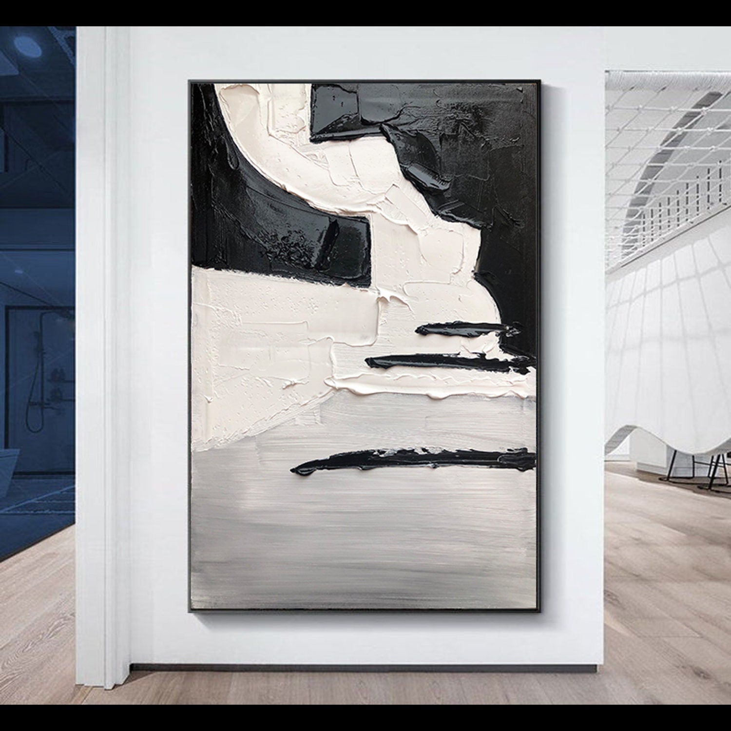 Palette Knife Wall Art,Black And White Textured Painting, Minimalist Abstract Painting,Living Room Wall Decor Black Abstract Art  Canvas Art