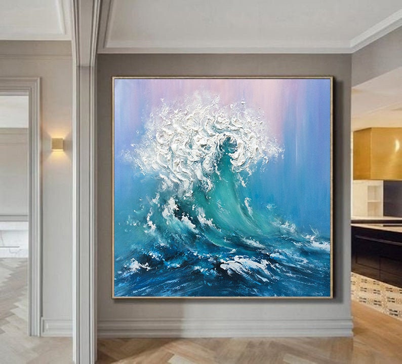Abstract Ocean Waves Painting,Original Sea Abstract Oil Painting,White Waves Texture Painting,Large Sky And Sea Painting,Living Room Art