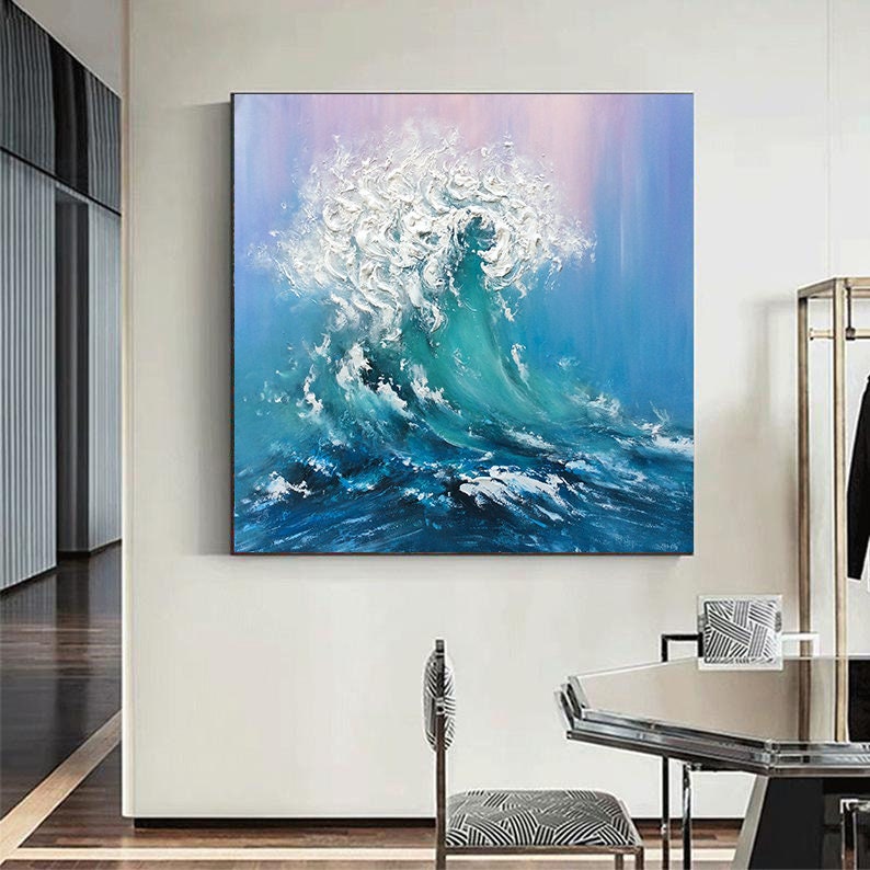 Abstract Ocean Waves Painting,Original Sea Abstract Oil Painting,White Waves Texture Painting,Large Sky And Sea Painting,Living Room Art