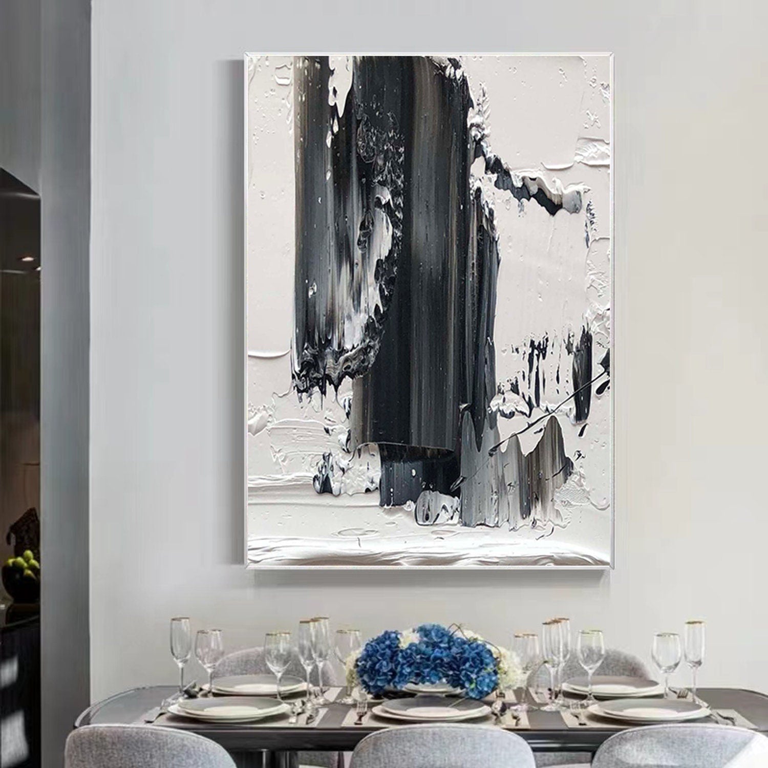 Palette Knife Wall Art,Black And White Textured Painting, Minimalist Abstract Painting,Living Room Wall Decor Black Abstract Art  Canvas Art