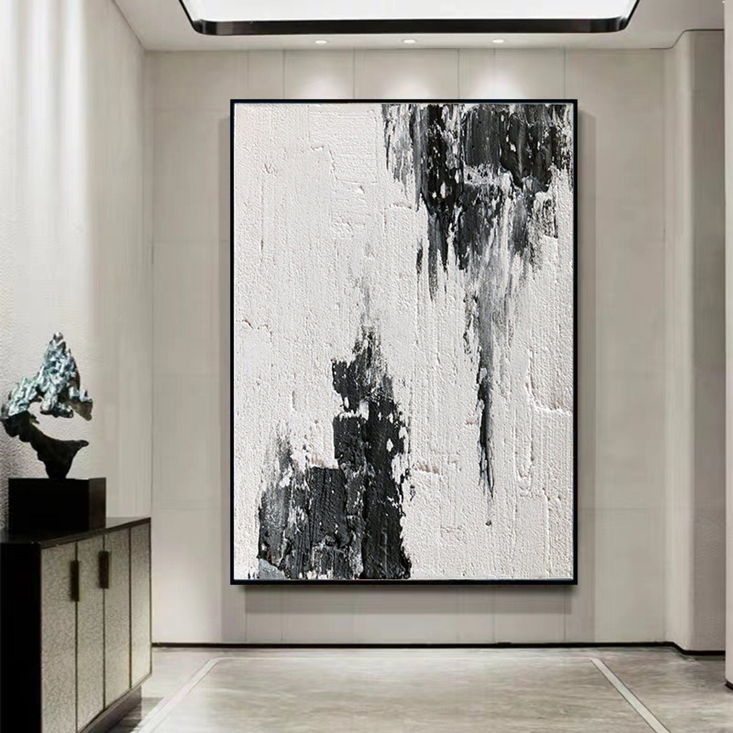 Large Abstract Wall Art Black And White Texture Painting 3D Minimalist Art White Wall Decor Black Texture Art White Minimalist Painting