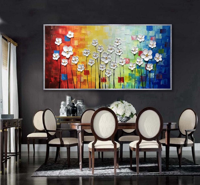 Large Original Oil Painting, White Flower Art, Abstract Wall Art Hand Paint, Palette Knife Painting,Heavy Textured Painting,Living Room Art