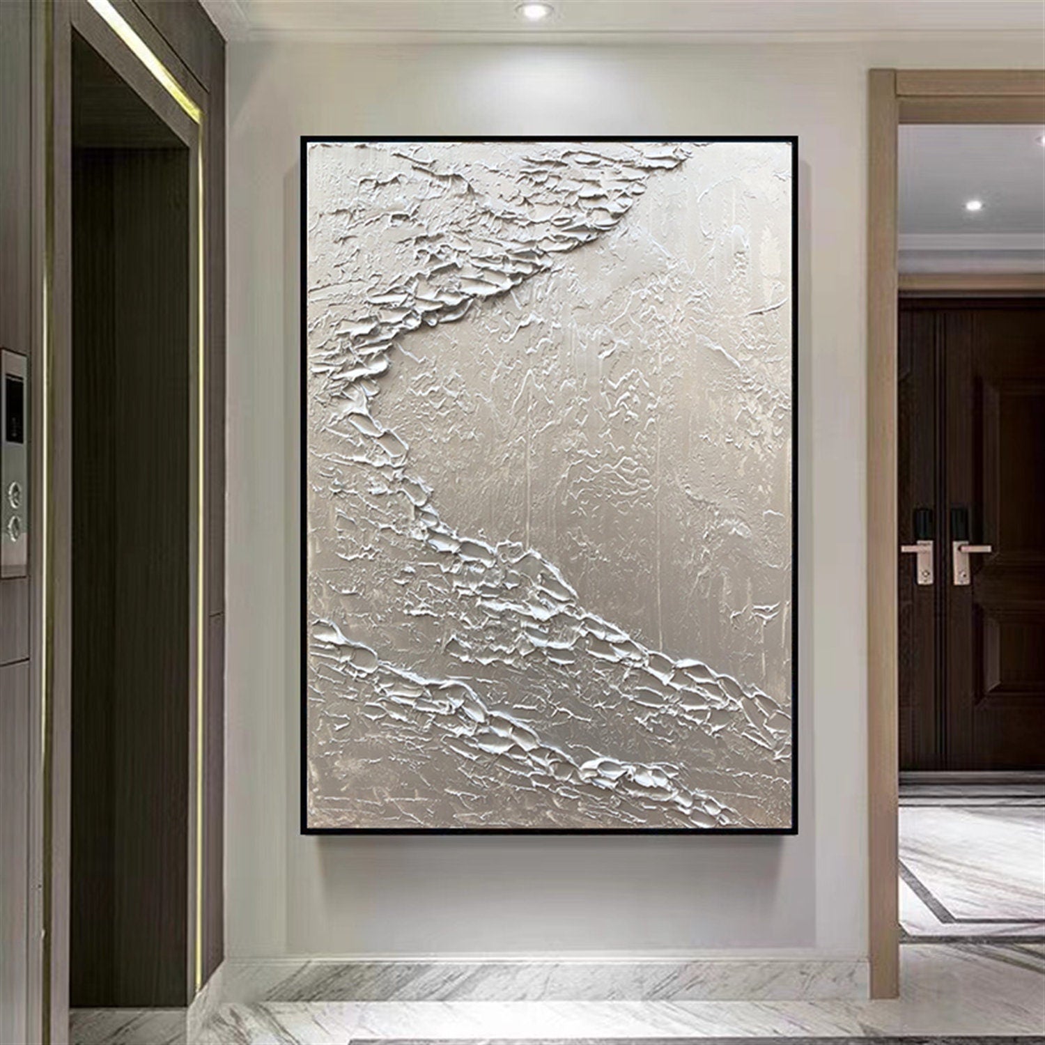 Seawaves Painting,Large Silver 3D Textured Paintings,Abstract Silver Painting,Silver Acrylic Paintings,Minimalist Abstract Wall Art for Home