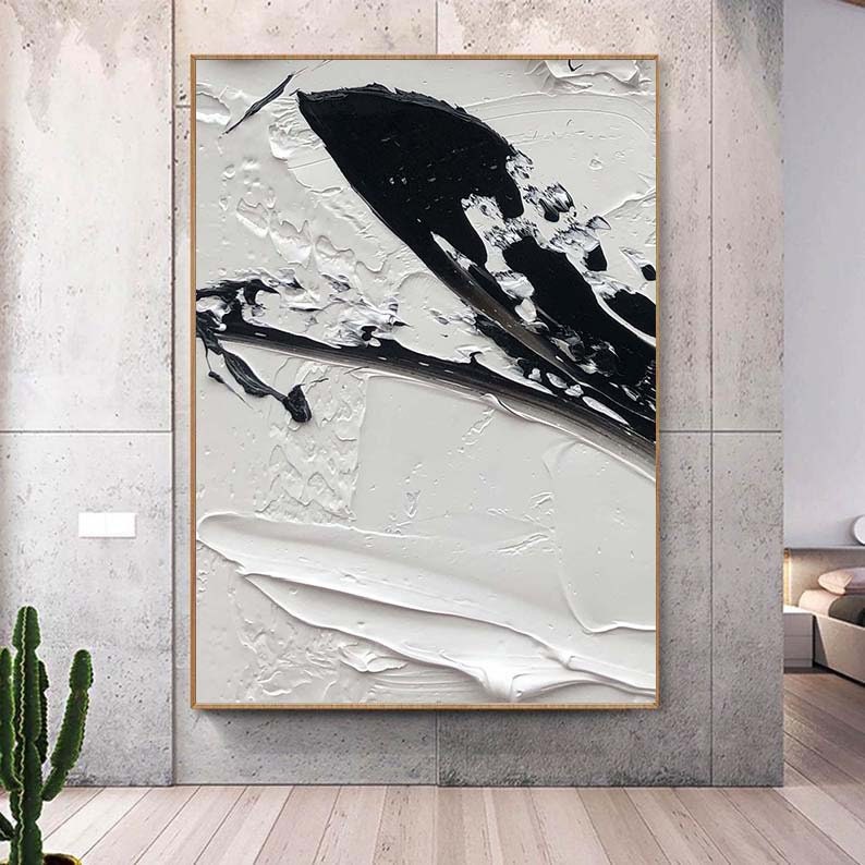 Black And White Textured Painting, Geometry Wall Art,Minimalist Abstract Painting,Living Room Wall Decor Black Abstract Art White Canvas Art
