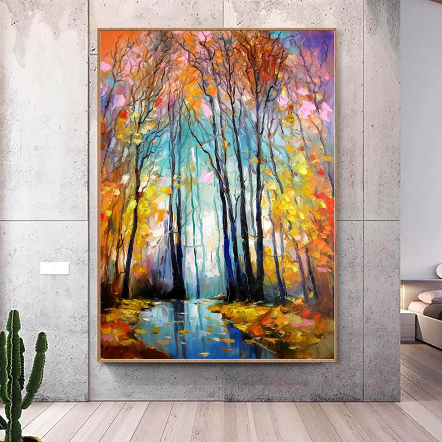 Landscape wall art,Seasonal painting,Birch tree painting,large wall art,Large original oil painting on canvas,colorful forrest painting