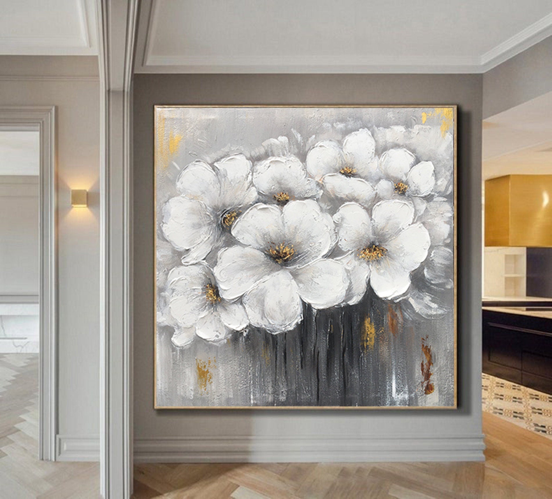 Golden Foil Floral Art Painting Extra Large Wall Art Abstract Gray Wall Art Canvas Art Original Artwork Canvas Wall Painting For Living Room