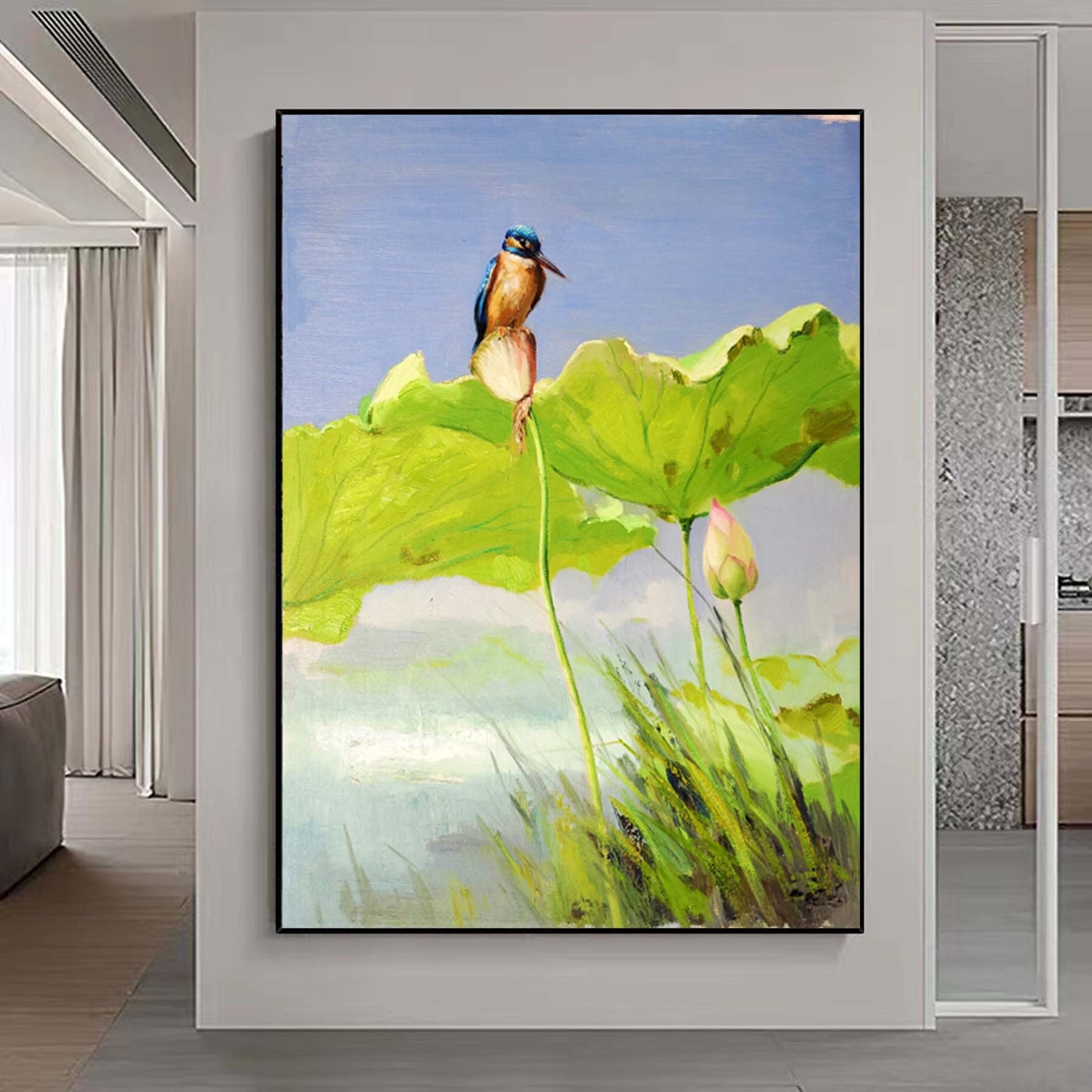 Lotus With Birdie Abstract Floral Painting Extra Large Wall Art Waterlilies Wall Art Canvas Art Original Artwork Canvas For Living Room