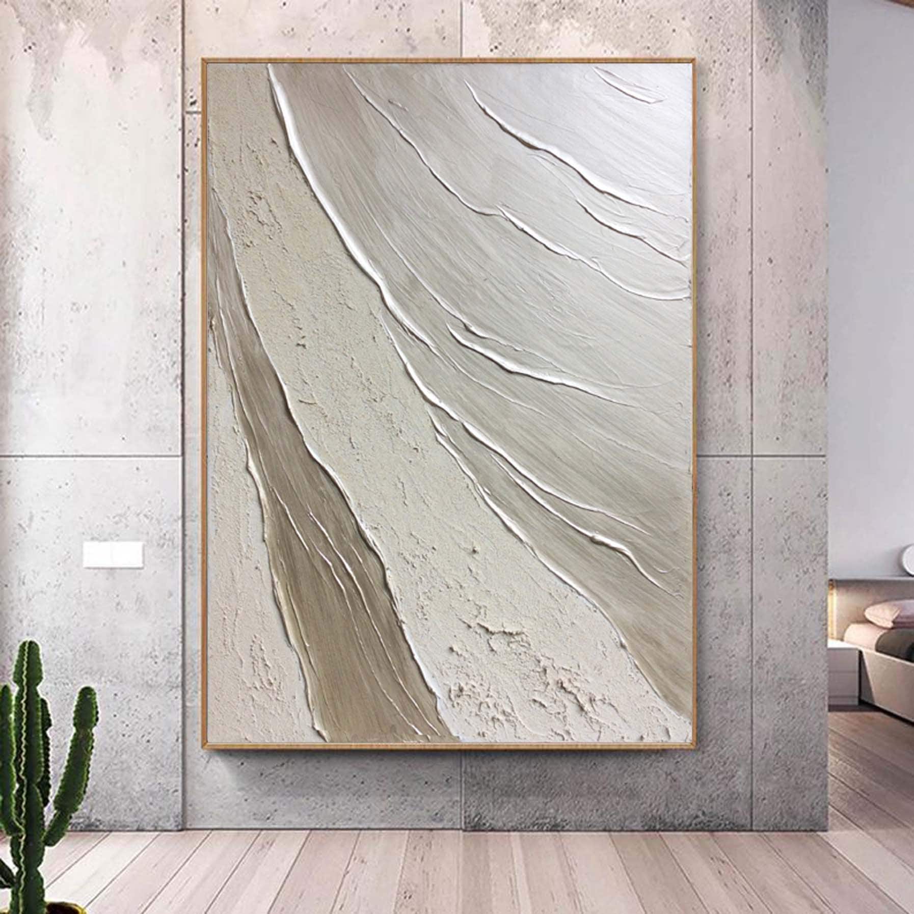 Silver White Seawaves Painting,Large White 3D Textured Paintings, Abstract White Painting, White Paintings, Minimalist Abstract Wall Art