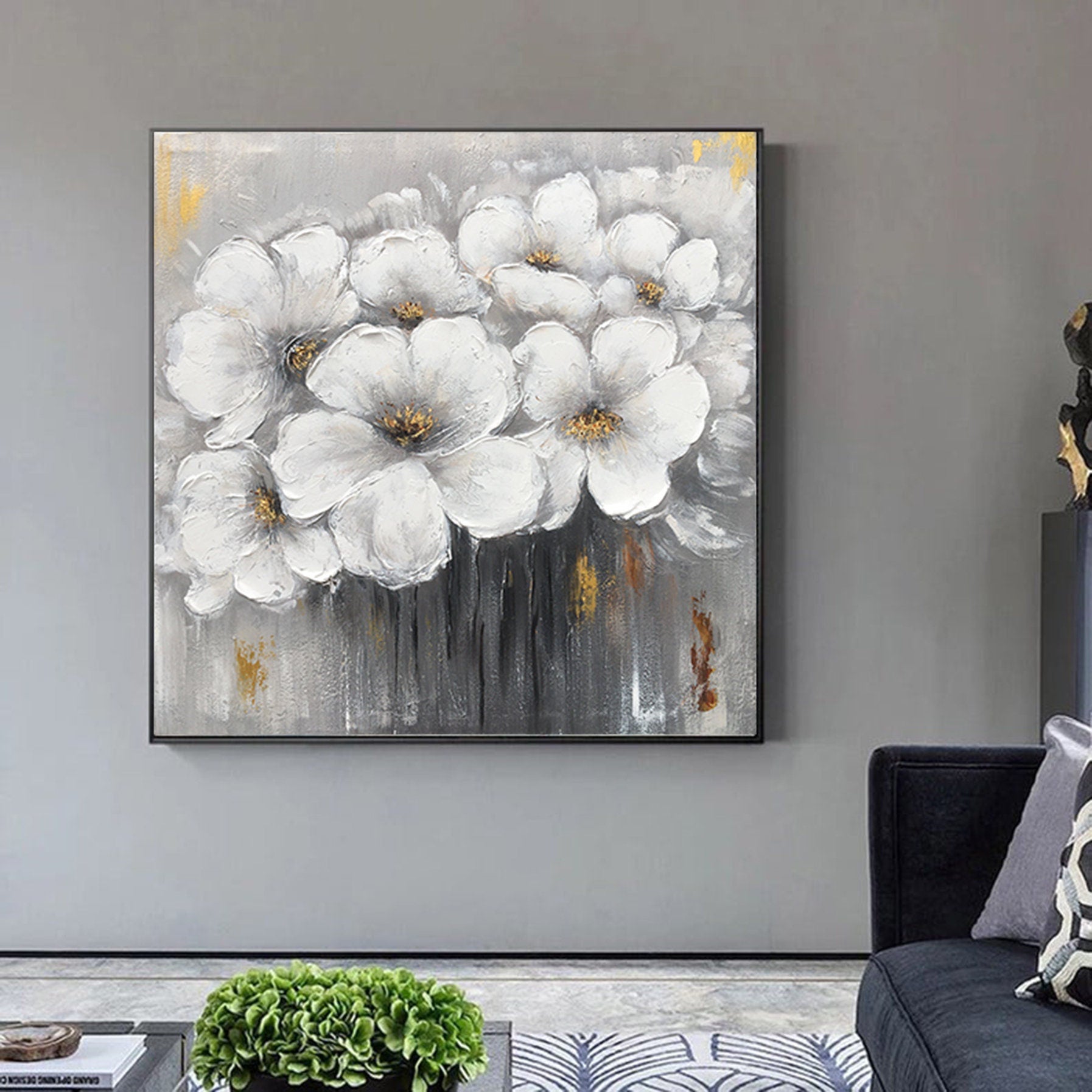 Golden Foil Floral Art Painting Extra Large Wall Art Abstract Gray Wall Art Canvas Art Original Artwork Canvas Wall Painting For Living Room