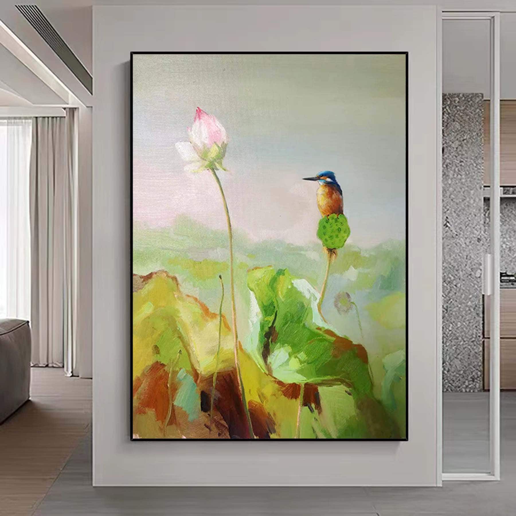 Extra Large Wall Art Lotus With Birdie Abstract Floral Painting Waterlilies Wall Art Canvas Art Original Artwork Canvas For Living Room