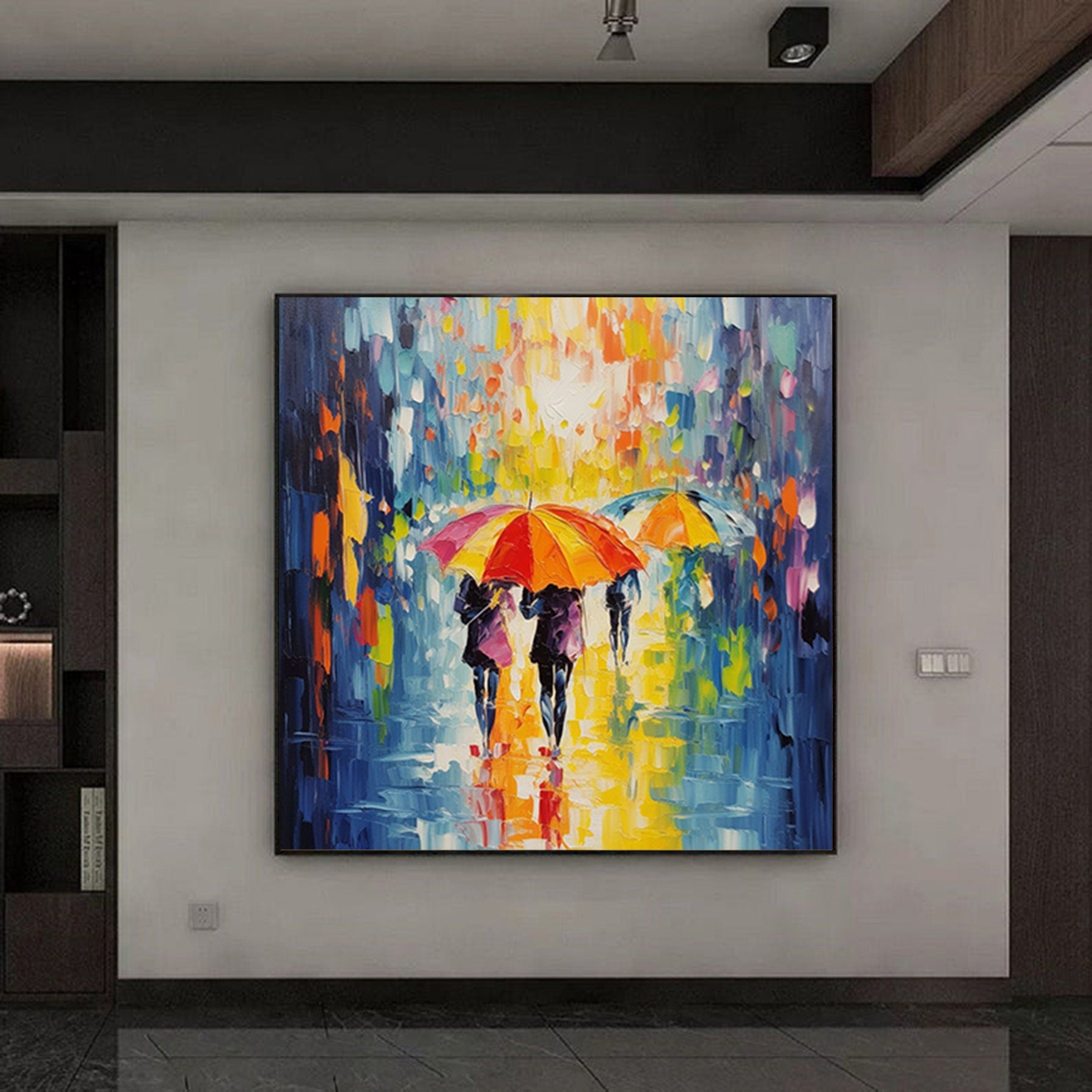 Street Scenery Painting,palette knife abstract,rain day night wall art,extra large wall art,textured abstract canvas,handpainted painting