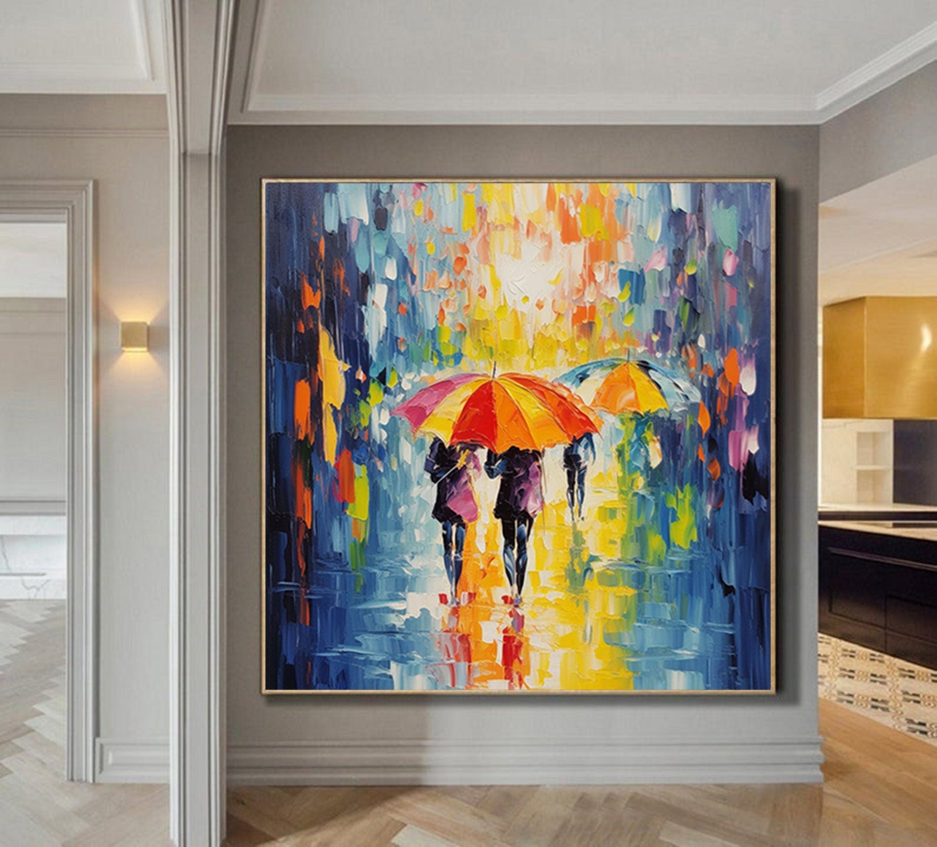 Street Scenery Painting,palette knife abstract,rain day night wall art,extra large wall art,textured abstract canvas,handpainted painting