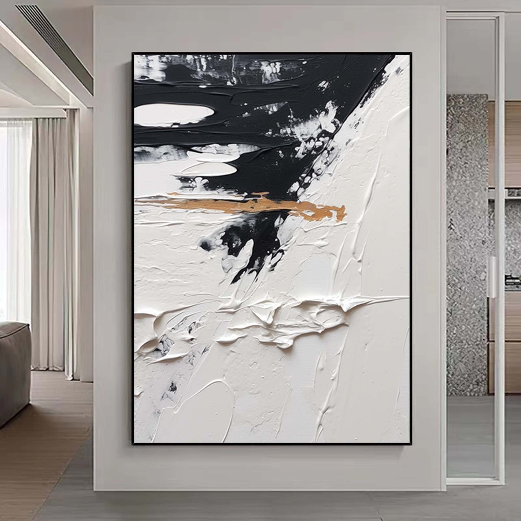 Minimalist Abstract Painting,Black And White Gold Textured Painting, Palette Knife Wall Art,Living Room Wall Abstract Art White Canvas Art