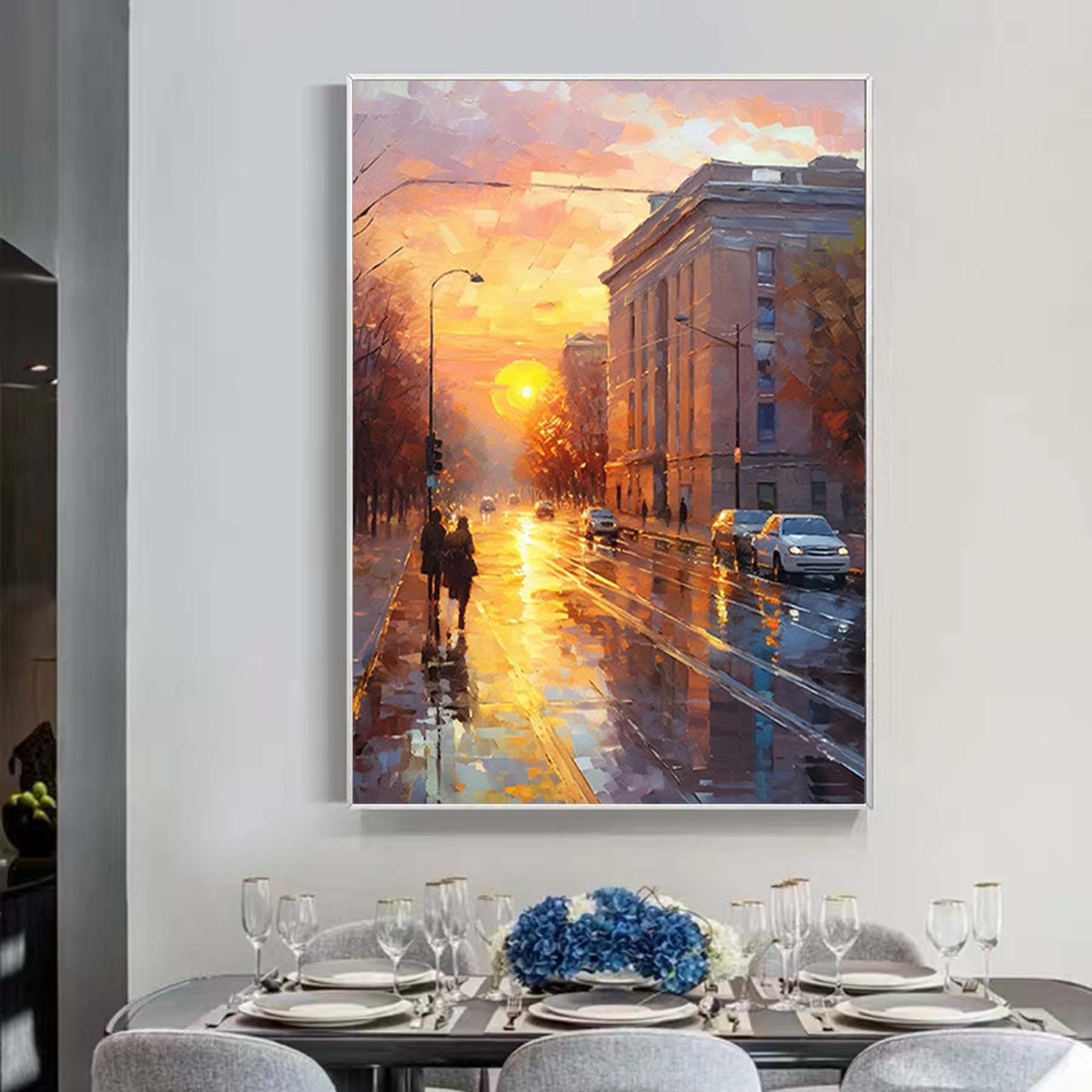 Romantic Sundown oil painting,Original Oil painting of Street View of Paris City,Street Scene Landscape,People walking in the  streets