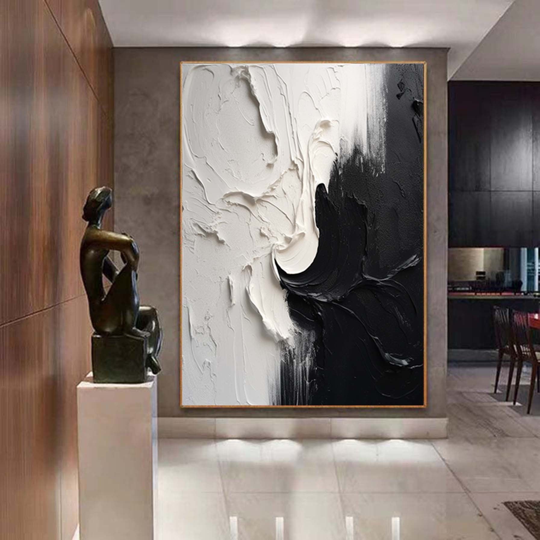 Abstract Seawaves  wall art,minimalist extra wall art,Palette knife black and white art,Original Oil painting ,ovesized decorative painting