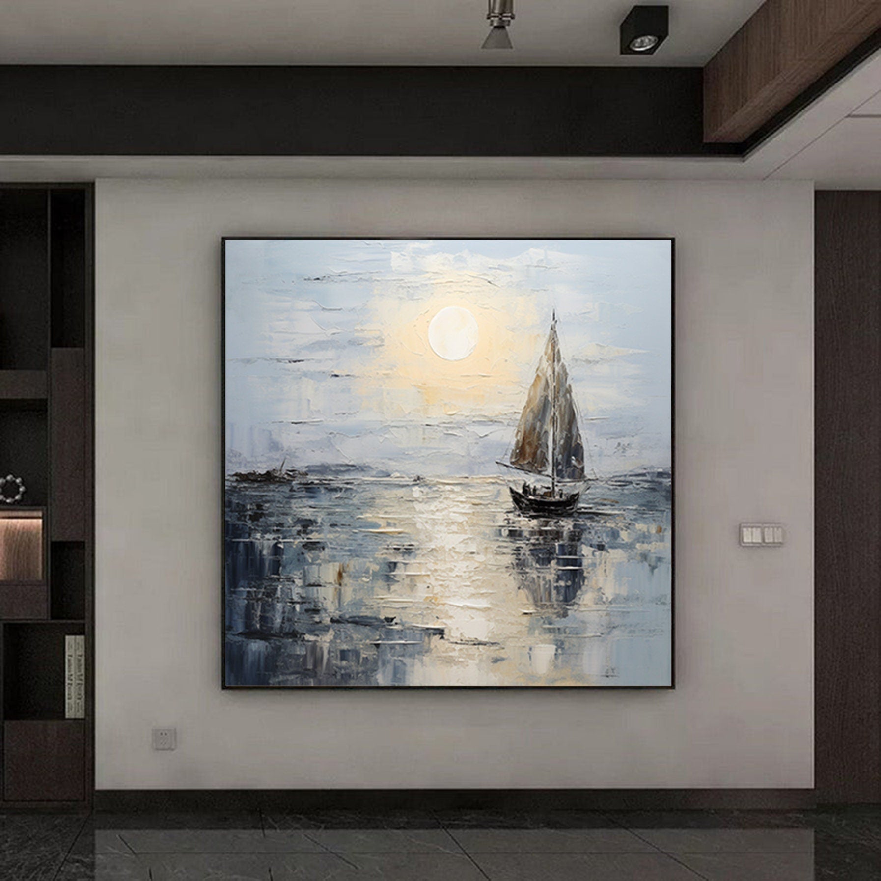 Seascape Boat Painting in Black And White,Sailboat painting,Abstract Palette Knife Wall Art,Oversized  Painting,textured abstract painting,