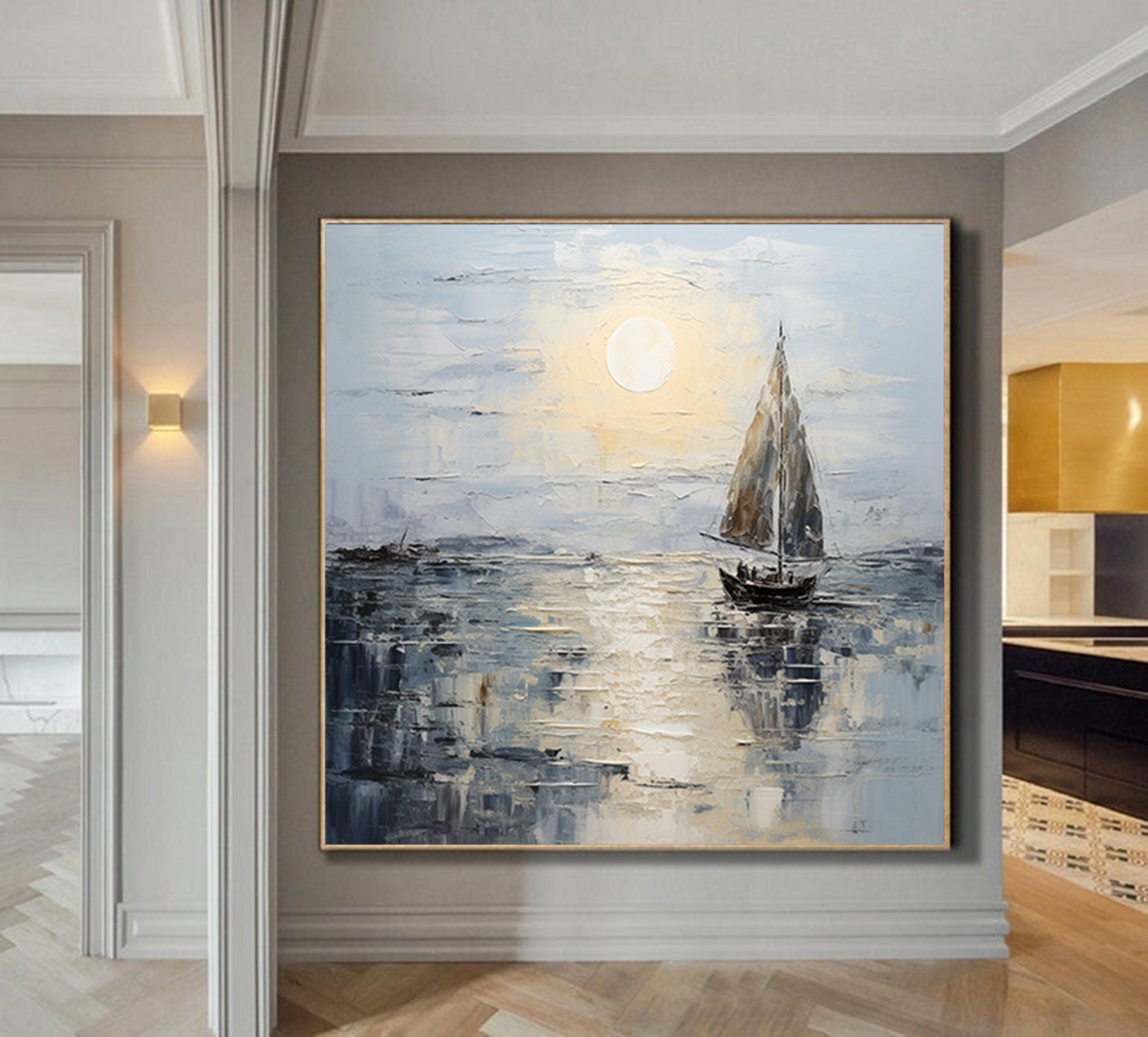 Seascape Boat Painting in Black And White,Sailboat painting,Abstract Palette Knife Wall Art,Oversized  Painting,textured abstract painting,