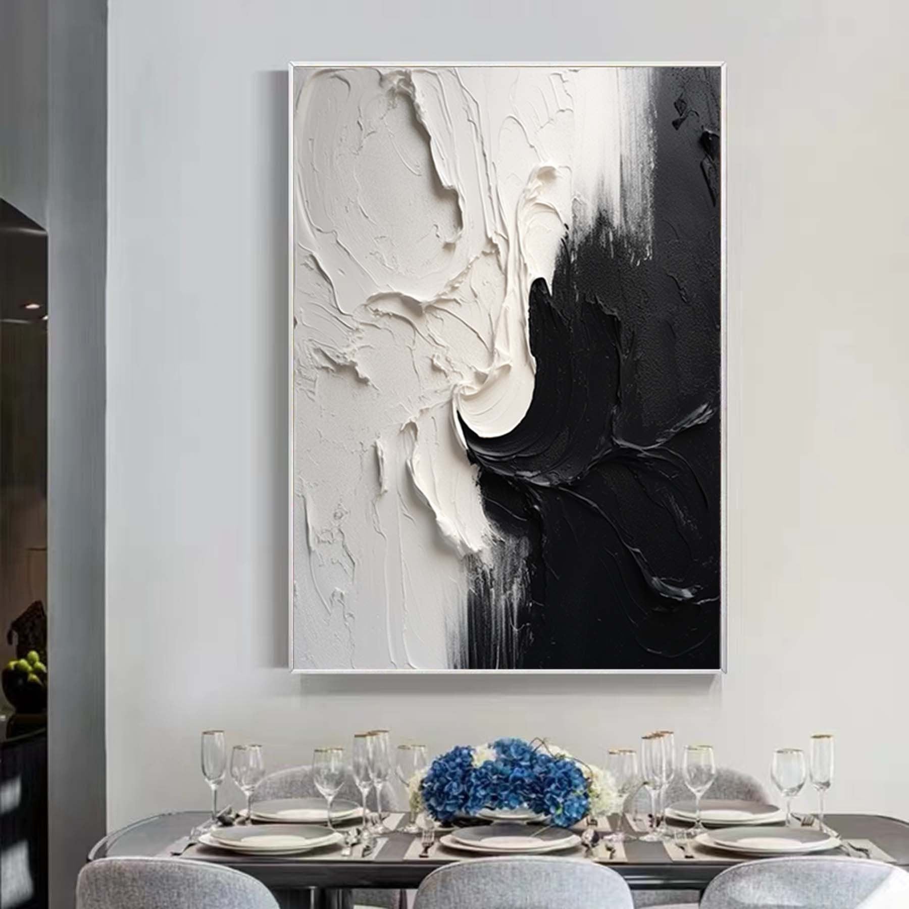 Abstract Seawaves  wall art,minimalist extra wall art,Palette knife black and white art,Original Oil painting ,ovesized decorative painting