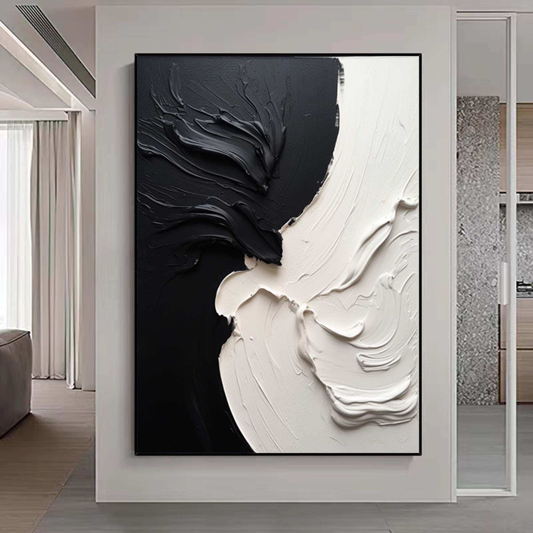 Abstract Floral wall art,minimalist extra wall art,Palette knife black and white art,Original Oil painting ,ovesized decorative painting