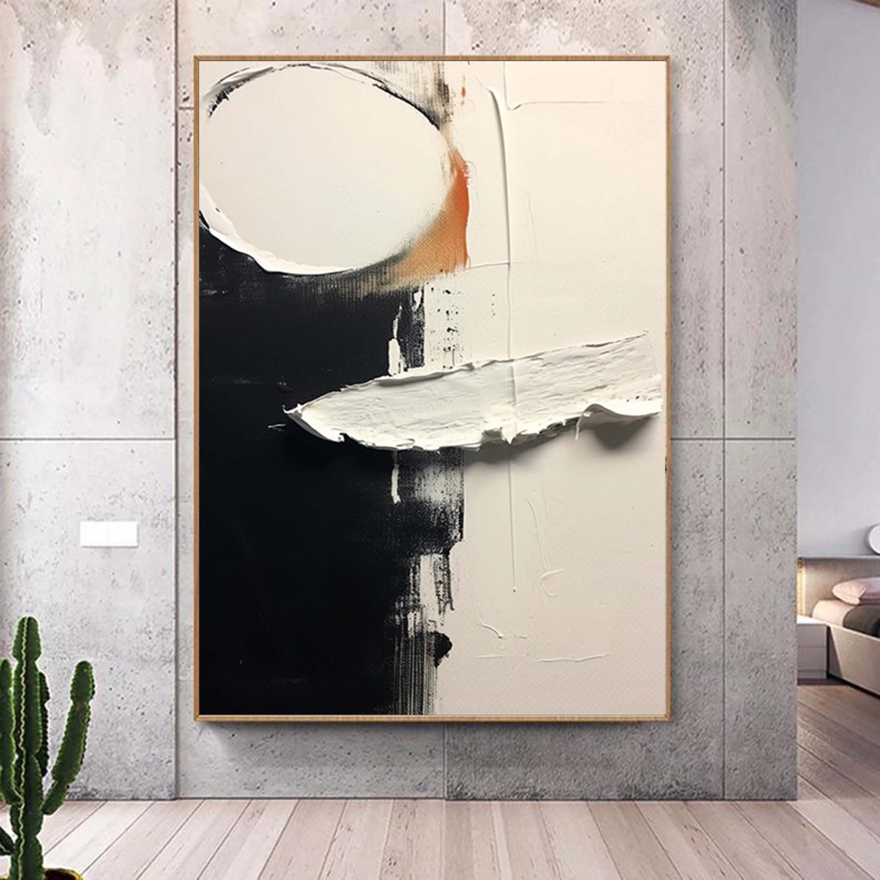 Black And White Textured Painting, Geometry Wall Art,Minimalist Abstract Painting,Living Room Wall Decor Black Abstract Art White Canvas Art