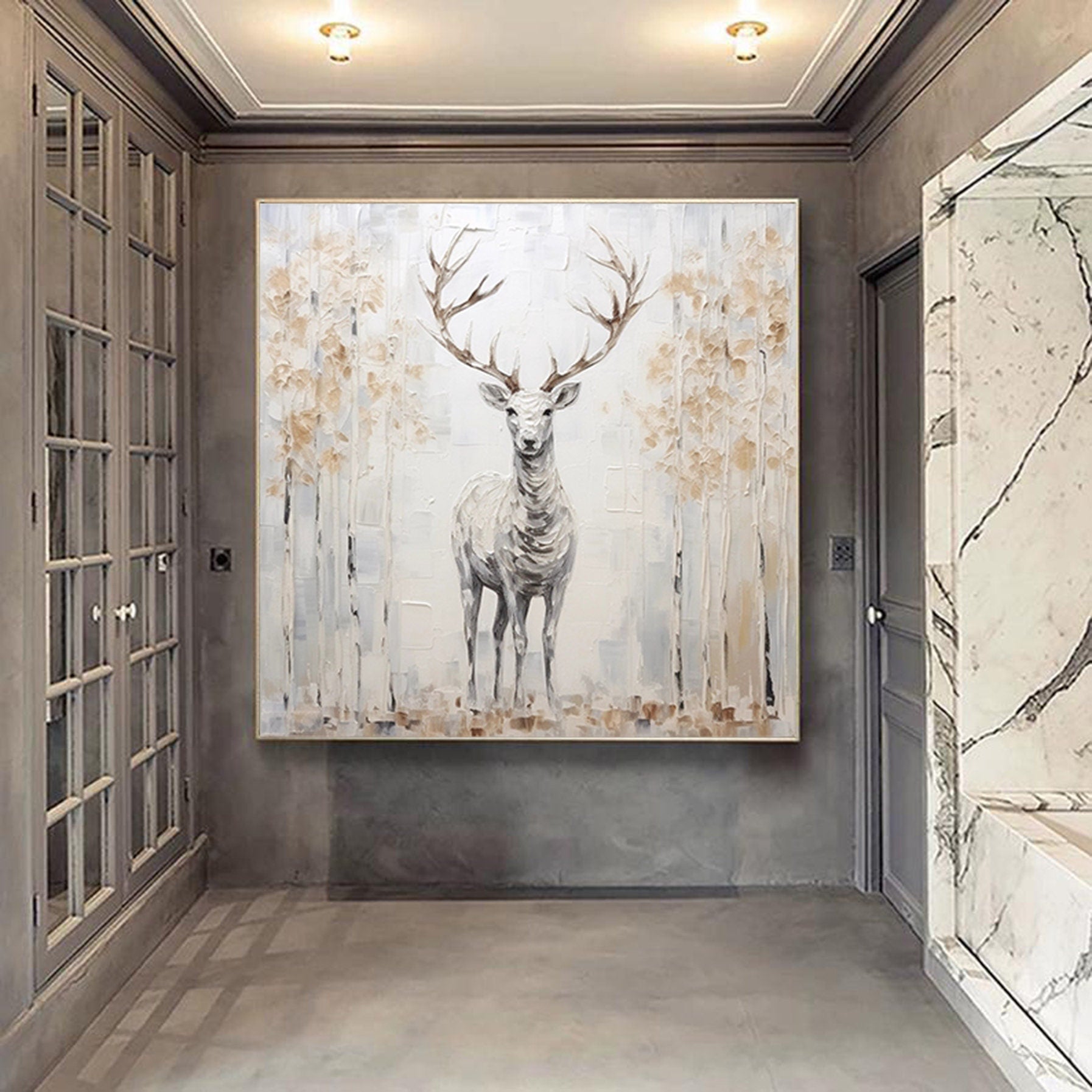 Large Deer Abstract  Painting,Gray Gold Textured Painting, Oversized Animal Wall Art,Living Room Wall Abstract Art Canvas Art