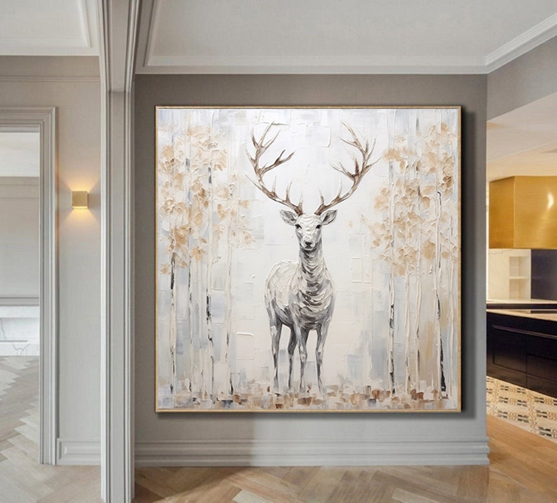 Large Deer Abstract  Painting,Gray Gold Textured Painting, Oversized Animal Wall Art,Living Room Wall Abstract Art Canvas Art
