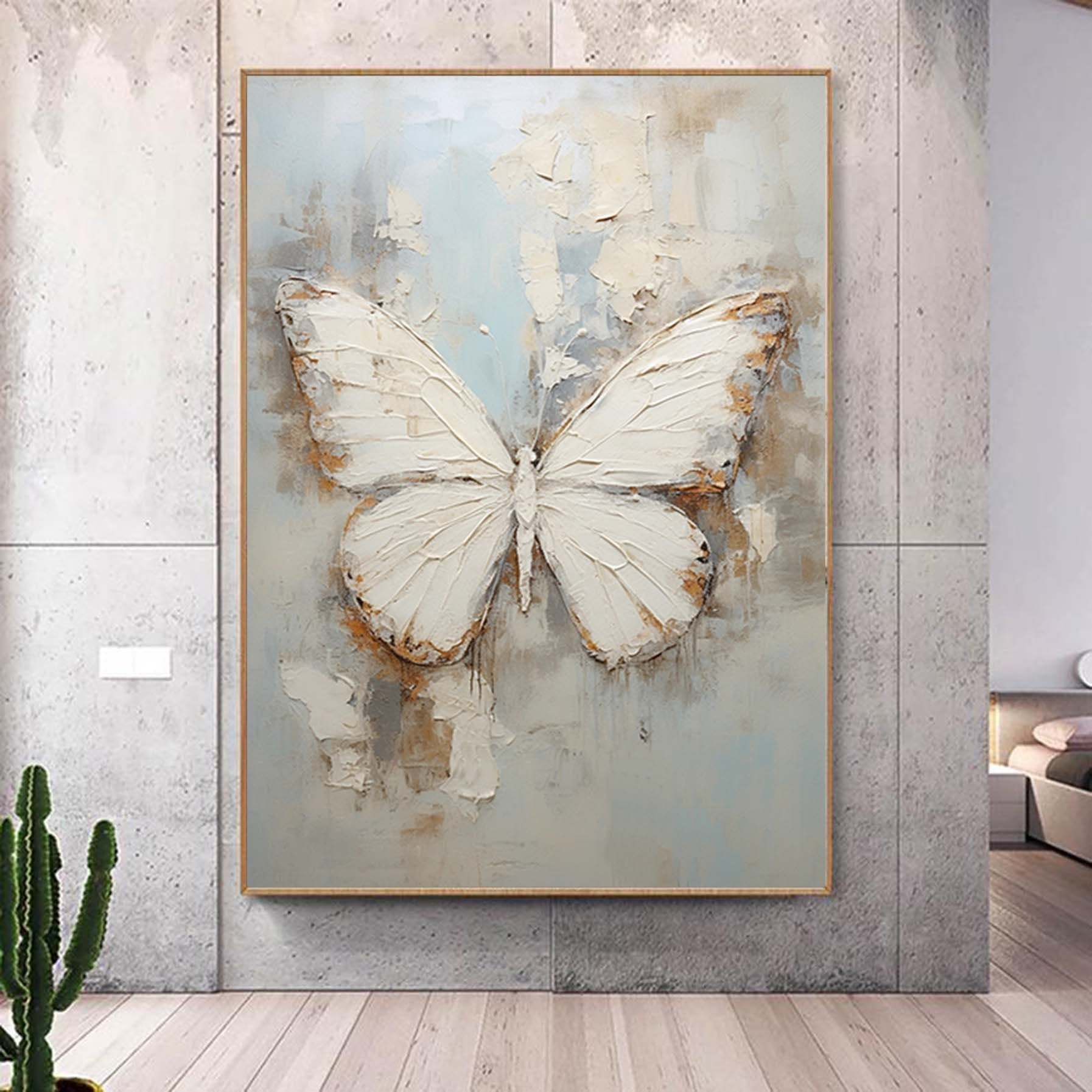 Butterfly Abstract Painting,Textured Wall Art,Minimalist Abstract Painting,Living Room Wall Decor Gray  Gold Abstract Art White Canvas Art