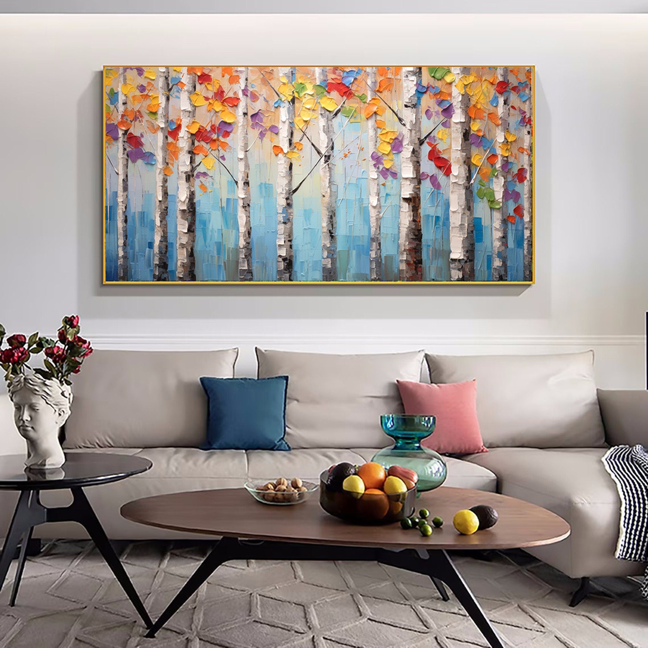 Colorful birch tree painting,large forrest wall art,Large original oil painting on canvas,landscape,autumn painting,Living room painting