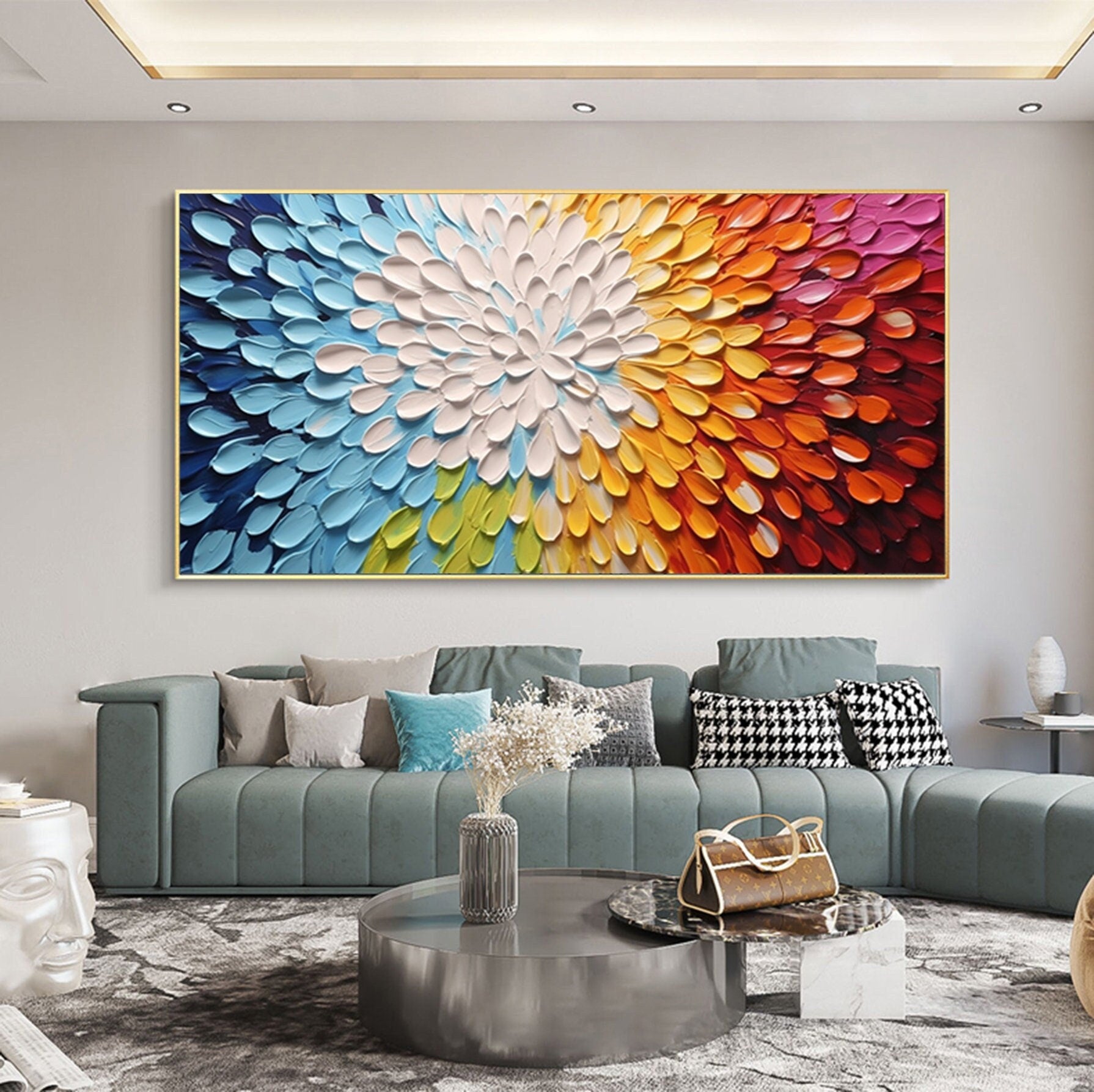 Hand Painted Thick Texture Petal Knife Painting 3D Colorful Abstract Canvas Wall Art Contemporary Home Decor Customized Sofa Artwork