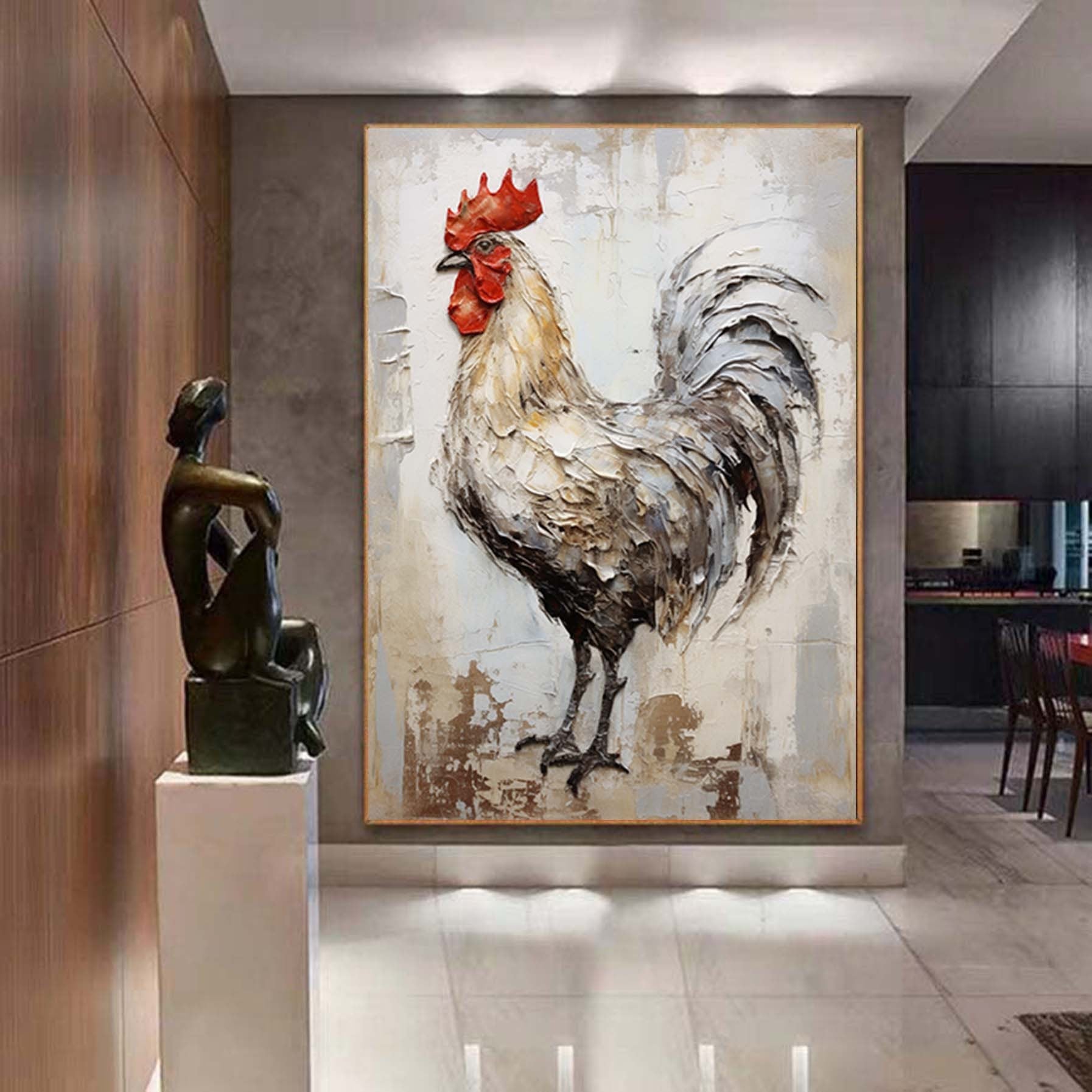 Abstract Rooster Painting,Textured Wall Art,Minimalist Abstract Painting,Living Room Wall Decor Gray  Gold Abstract Art White Canvas Art