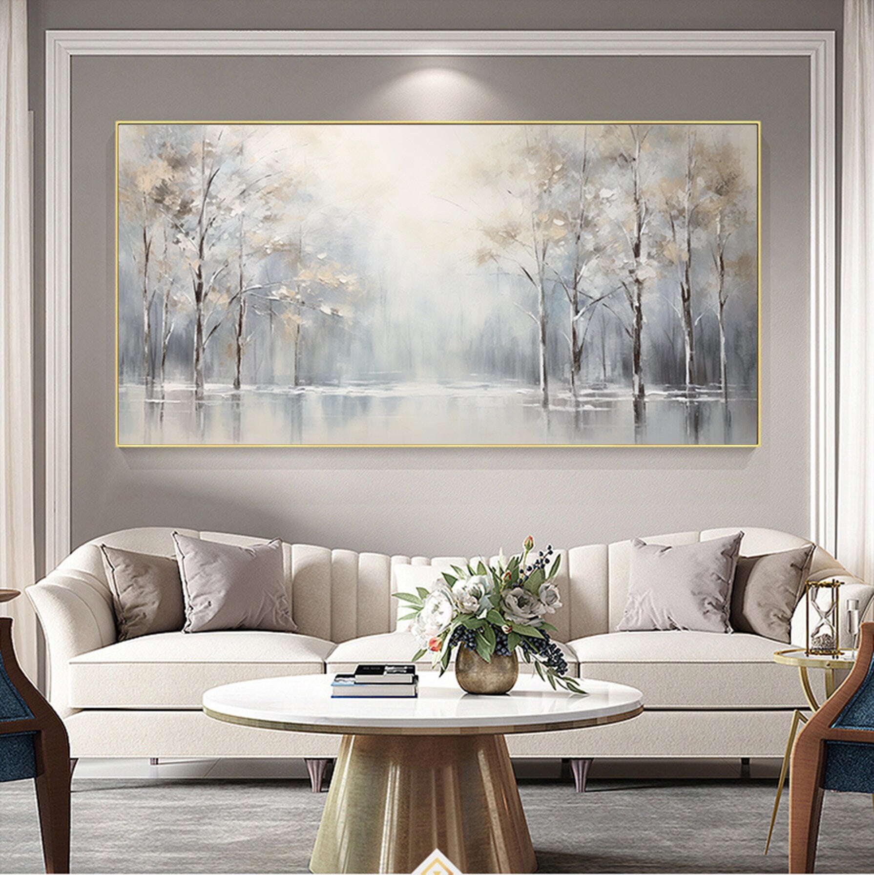 Birch tree painting,large winter forrest wall art,original oil painting on canvas,landscape,gold gray  painting,Bedroom Living room painting