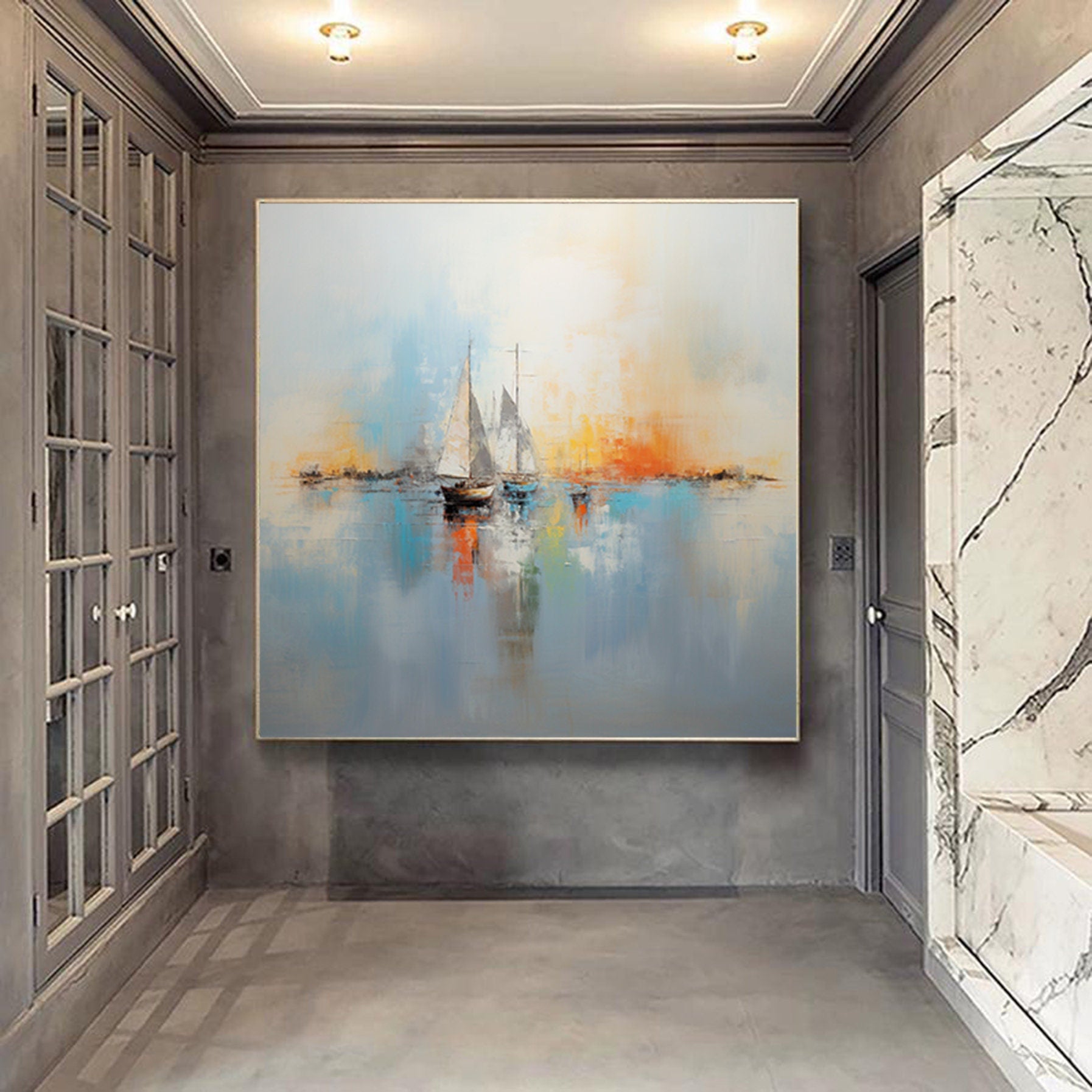 Large sailboat party oil painting, Abstract Sailboats Seascape Artwork,Extra large modern wall art,Nautical oil painting art on Canvas