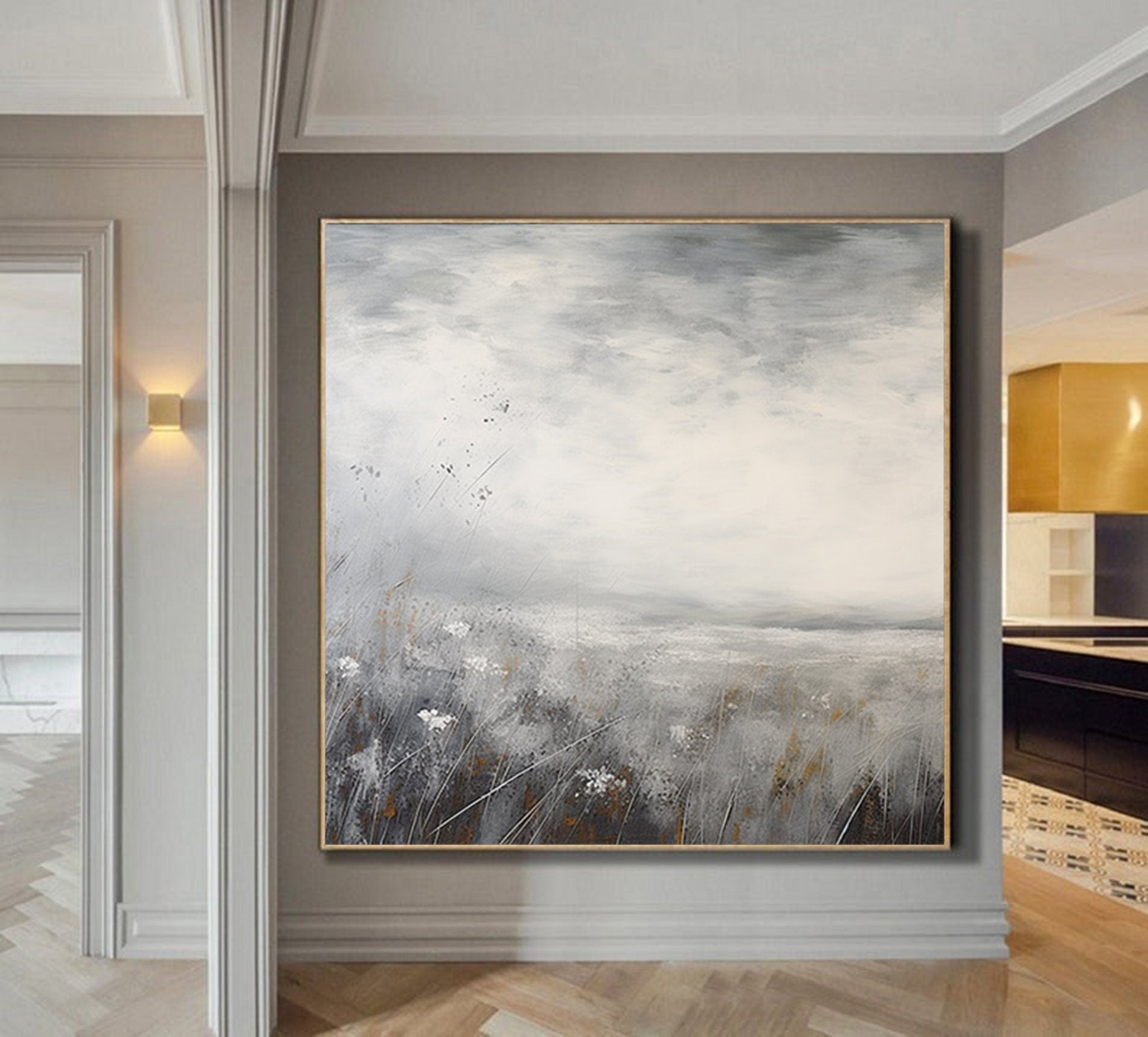 Minimalist Landscape Painting,textured abstract wall art,Large gray gold  Paintings,Modern Decorative Paintings,Impressionism Abstract