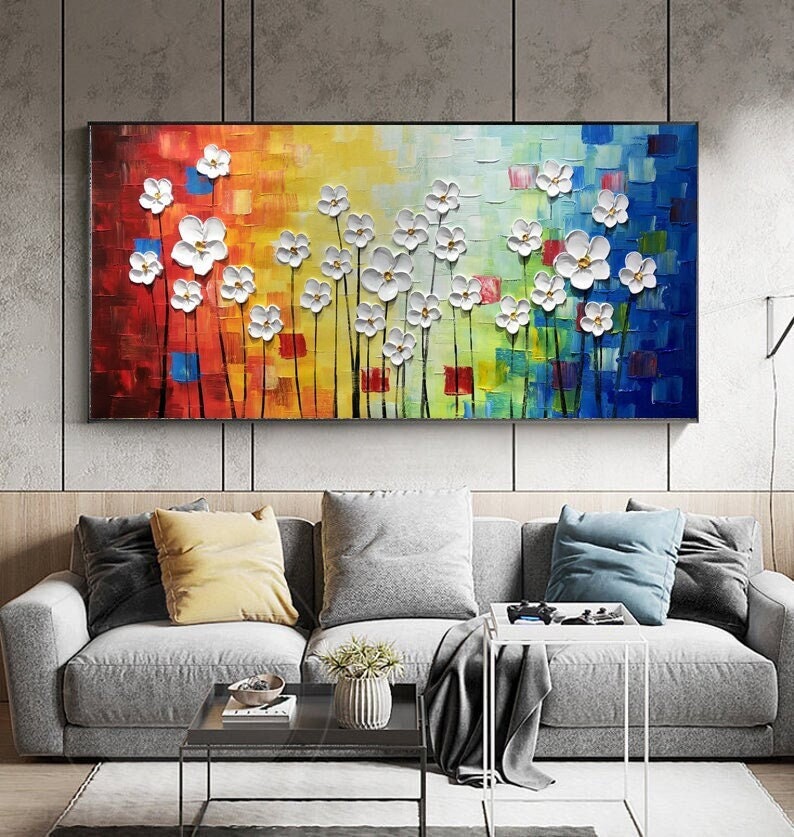 Large Original Oil Painting, White Flower Art, Abstract Wall Art Hand Paint, Palette Knife Painting,Heavy Textured Painting,Living Room Art