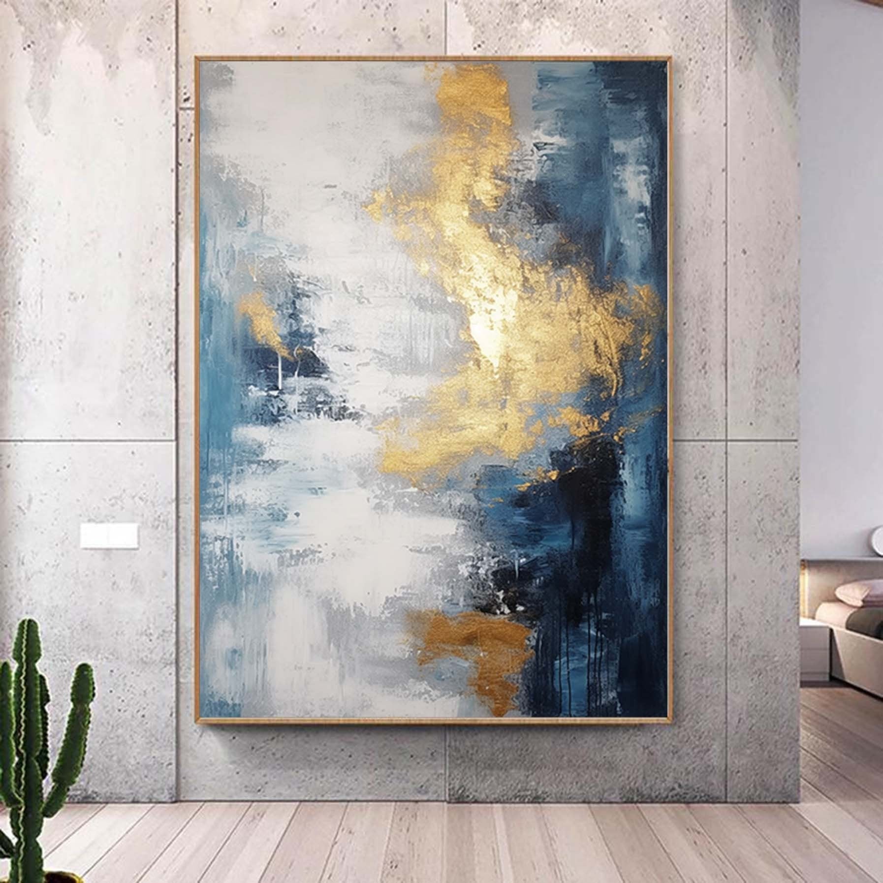 Blue Gold Abstract Texture Art,Extra Large Canvas Oil Painting,Original Handmade Wall Art, Minimalist Abstract,Living Room Decor Art
