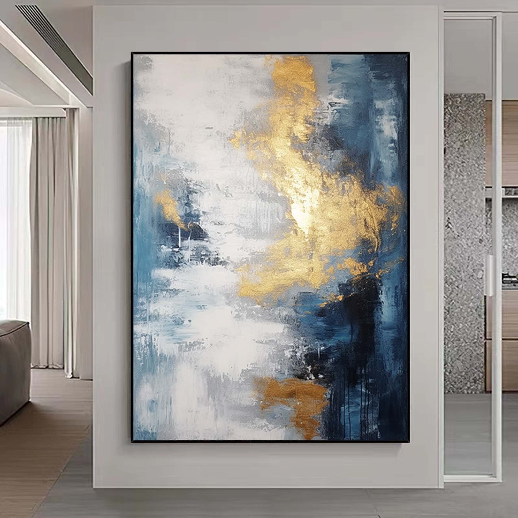 Blue Gold Abstract Texture Art,Extra Large Canvas Oil Painting,Original Handmade Wall Art, Minimalist Abstract,Living Room Decor Art