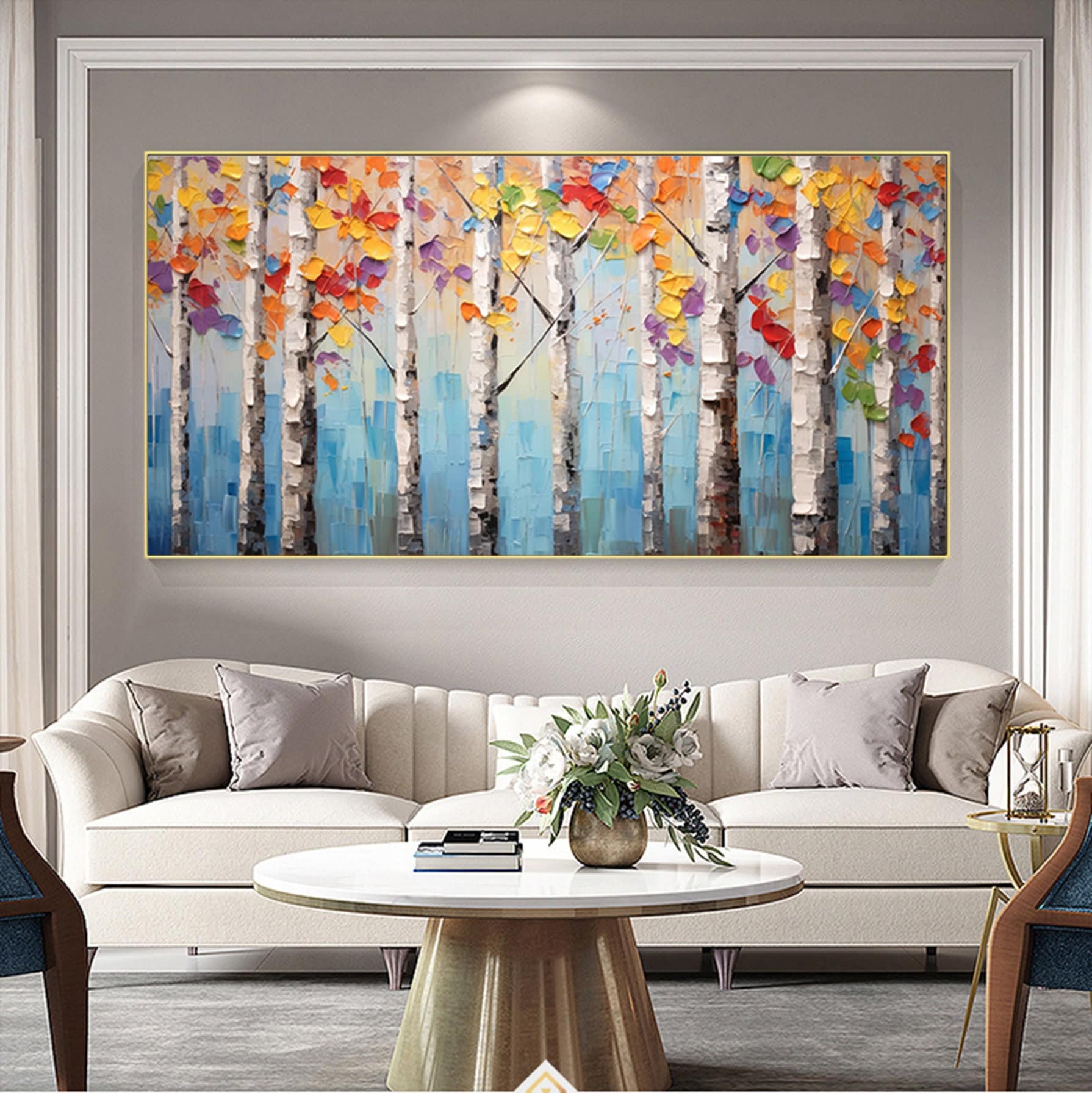 Colorful birch tree painting,large forrest wall art,Large original oil painting on canvas,landscape,autumn painting,Living room painting
