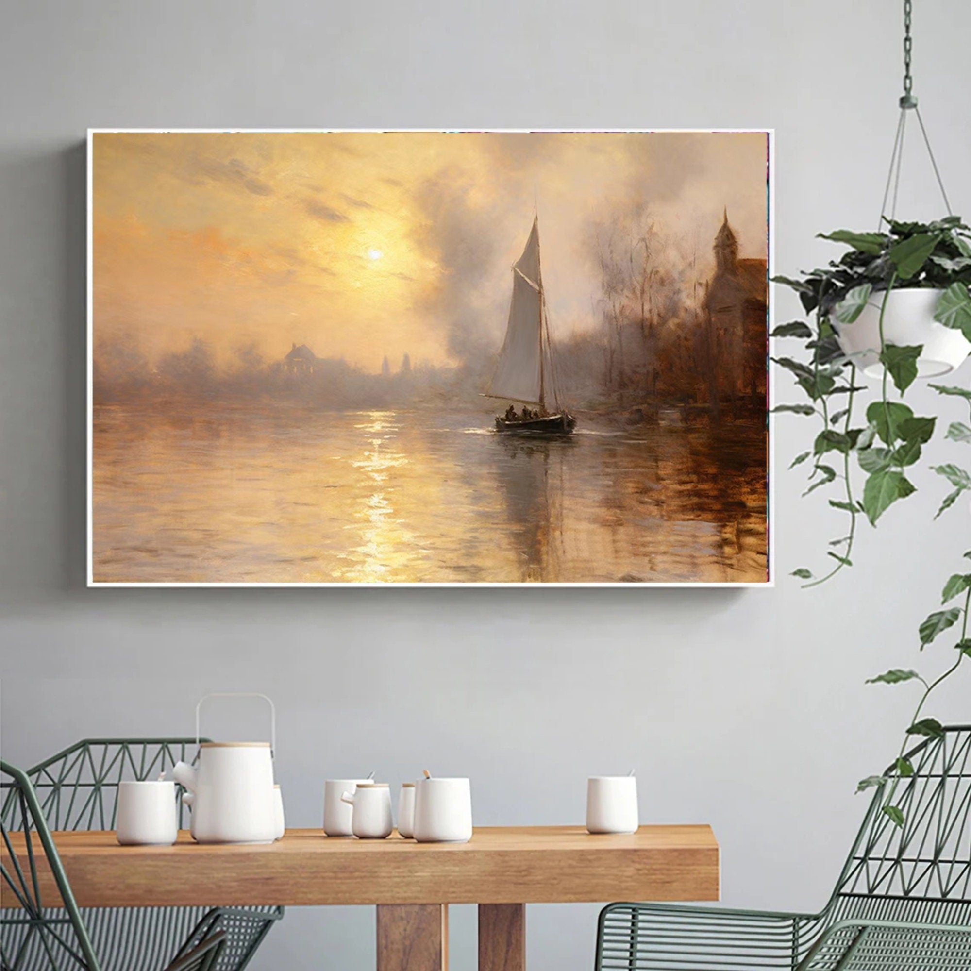 Large sailboat oil painting,Abstract Port Morning Sunraise Wall Art,Original landscape to paint Artwork,Nautical oil painting art on Canvas